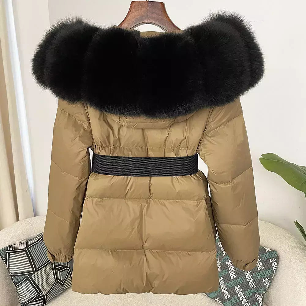 Oftbuy 2024 jaqueta de inverno feminina gola de pele de raposa natural real com capuz grosso quente 90% pato branco para baixo casaco feminino streetwear casual