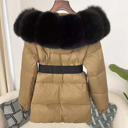 Oftbuy 2024 jaqueta de inverno feminina gola de pele de raposa natural real com capuz grosso quente 90% pato branco para baixo casaco feminino streetwear casual