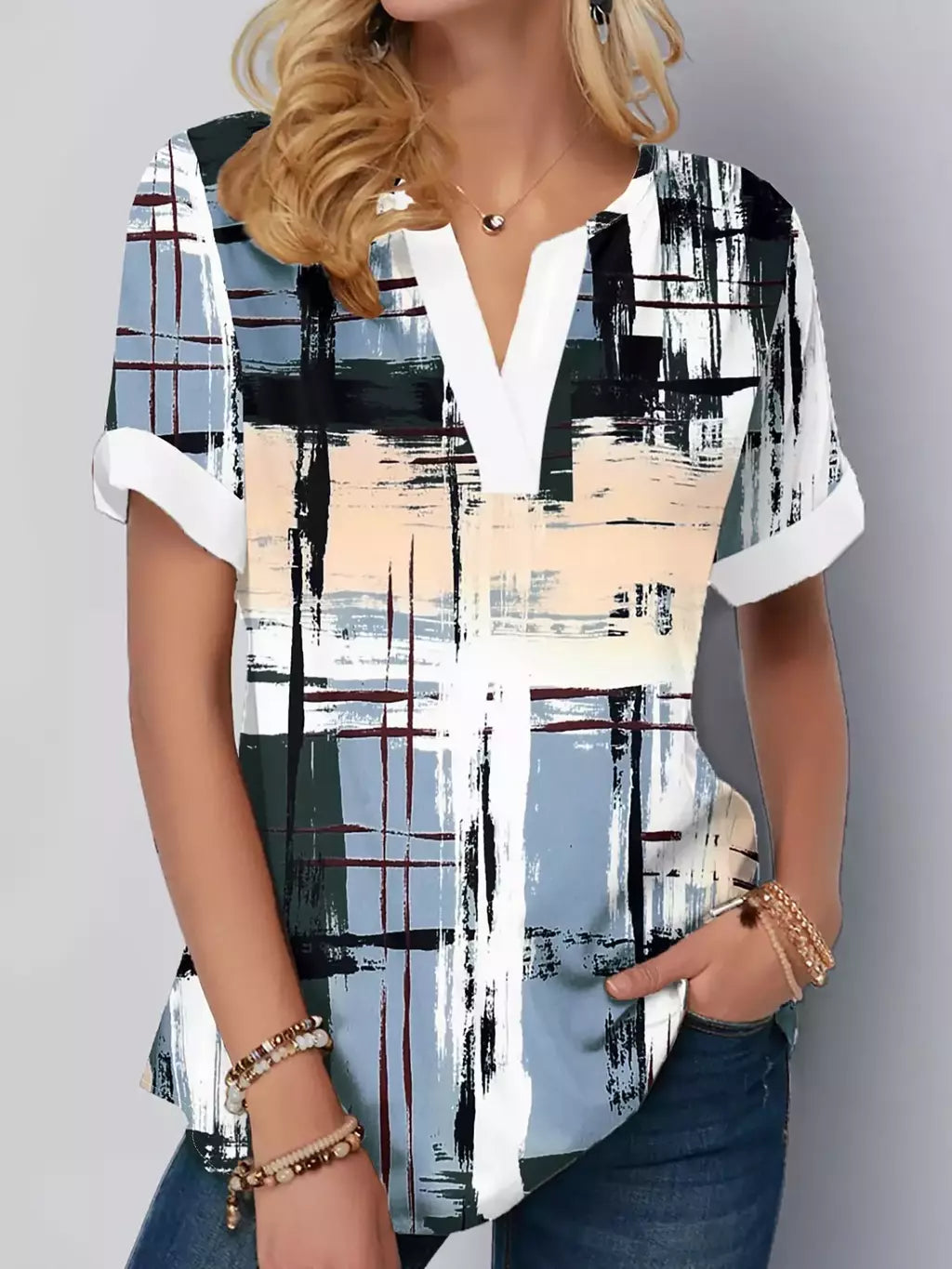 Blusas de manga curta com decote em v para mulheres, camisas casuais estampadas para senhoras, tops chiques básicos, moda verão