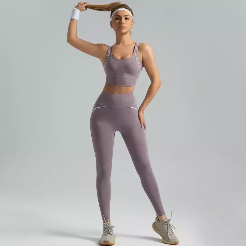 PINGNIAO-Calças e Sutiã Yoga de Cintura Alta para Mulheres, Alça Cruzada, Terno Esportivo, Fitness Wear, Design De Linha