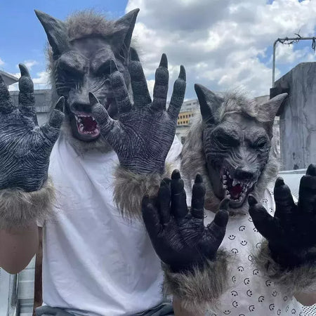 Horror lobisomem trajes halloween cosplay máscara de lobo lobisomem garras conjunto luvas terror role play brincadeira adereços assustador lobo chapelaria
