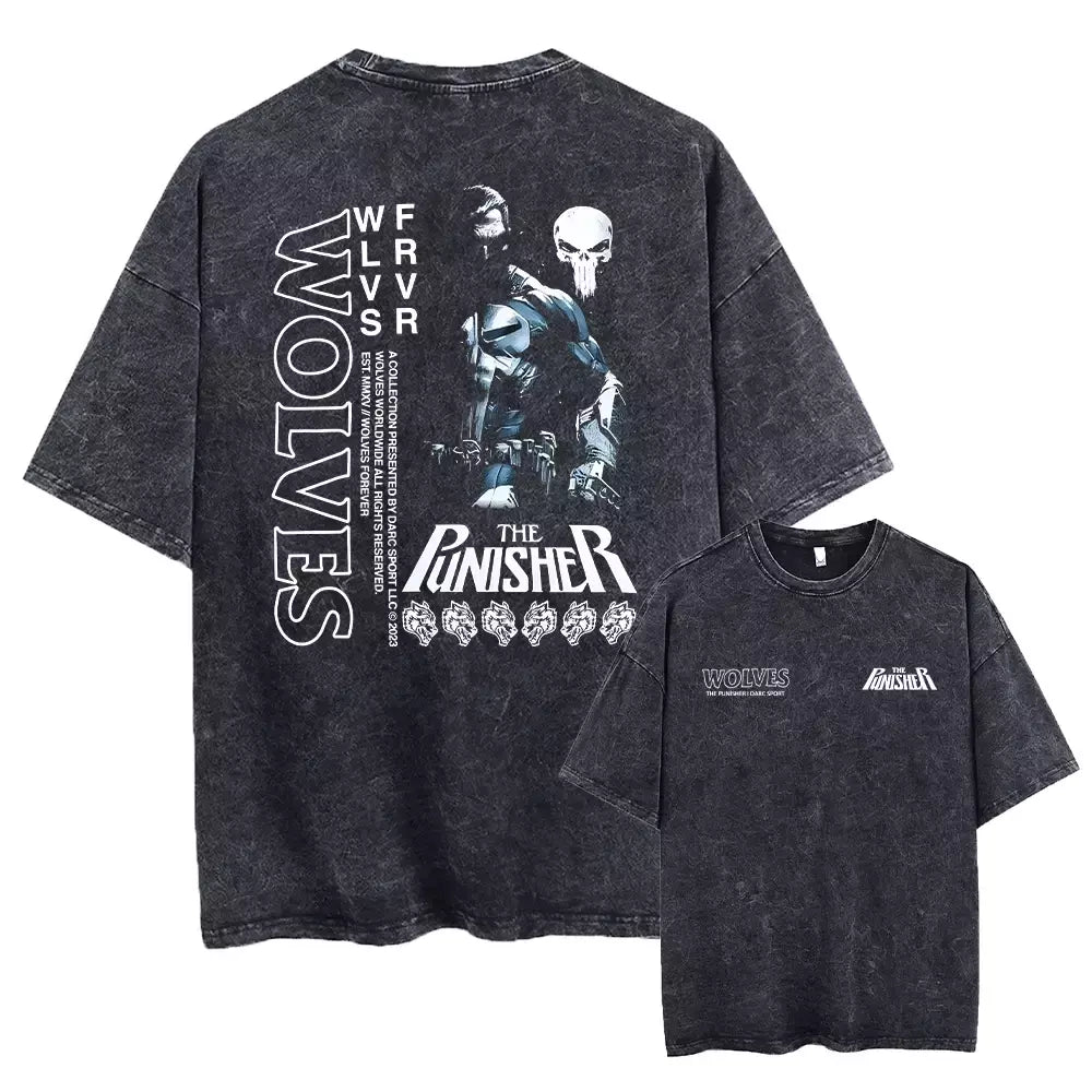 Lobos escuros Vintage lavados camisetas para homens, musculação em ginástica, roupas masculinas extragrandes, fitness no verão, treino