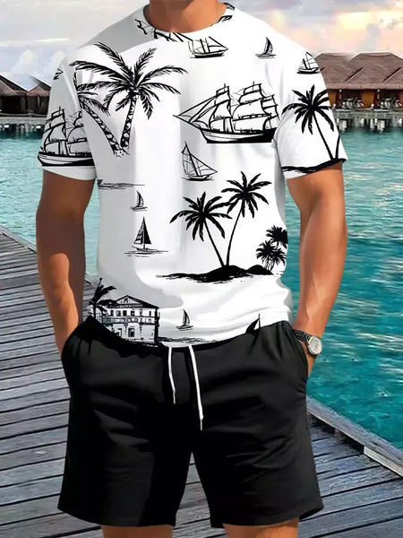 Camiseta de praia havaiana masculina, conjunto de 2 peças, manga curta, estampa palmeira, decote em O, moda exterior, casual, verão