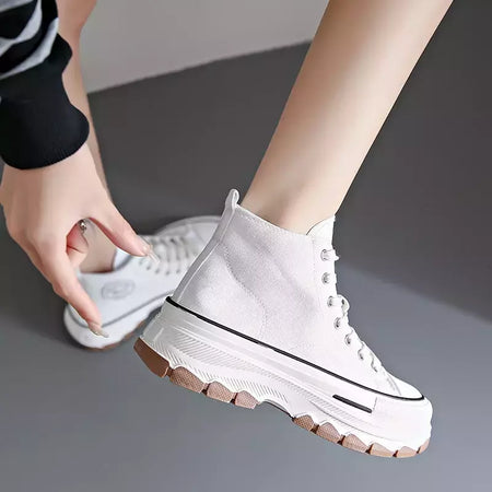 Tênis casual de cano alto para mulheres, com cordões, lona de altura da plataforma, antiderrapante, resistente ao desgaste, sapatos femininos vulcanizados, primavera, 2024