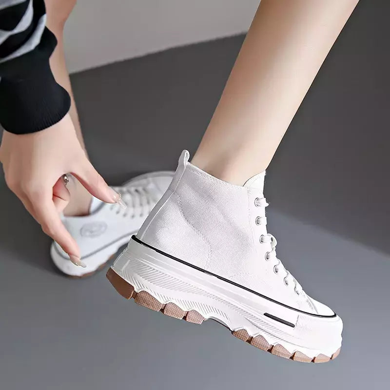 Tênis casual de cano alto para mulheres, com cordões, lona de altura da plataforma, antiderrapante, resistente ao desgaste, sapatos femininos vulcanizados, primavera, 2024