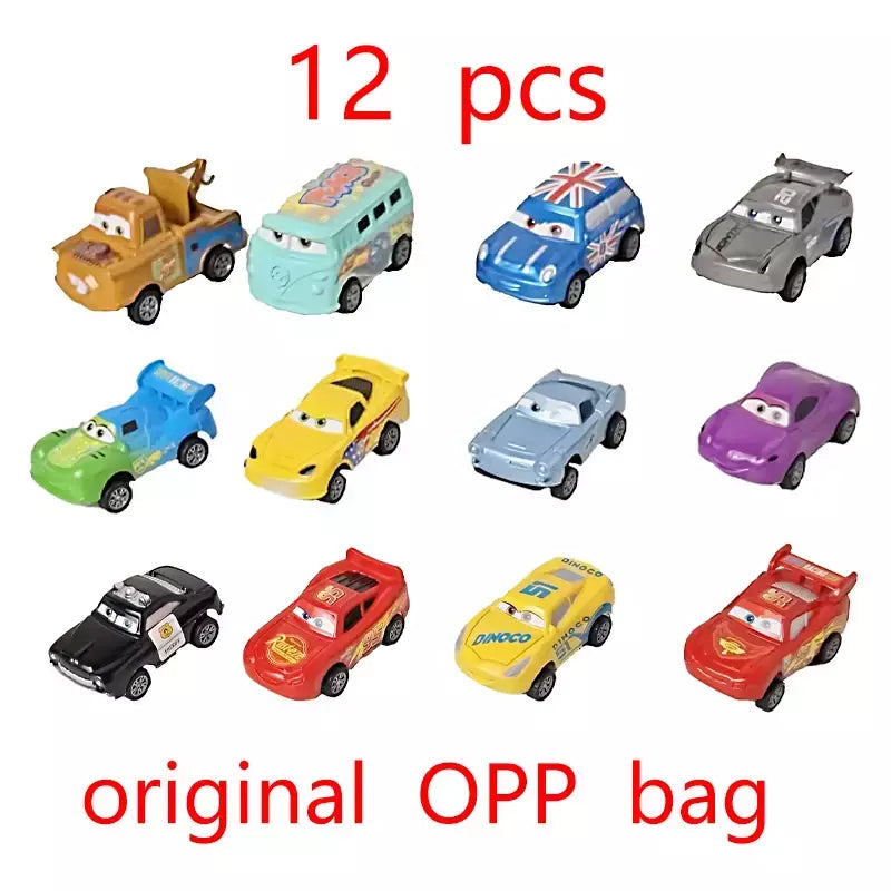 Mini 12 pçs disney pixar carros 3 pistão copo rebote carro coleção relâmpago mcqueen jackson tempestade pvc modelo de carro brinquedo para crianças
