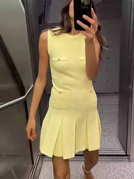 Mini vestido de bolso feminino sem mangas com o pescoço, malha, elegante vestido de botão, fino Lady Fashion, verão, fêmea, 2024