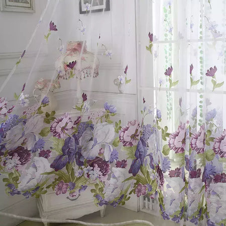 Tule Floral em Cortinas Puras, Tratamento Janela, Painel Persianas, Sala de estar, Quarto, Cozinha, Sombra, Roxo, Peônia