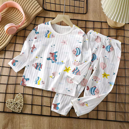 Conjunto de pijamas de manga comprida infantil, Seção fina, Roupa de bebê, Roupa doméstica, Meninos, Meninas, Crianças, Verão, Novo, 2022