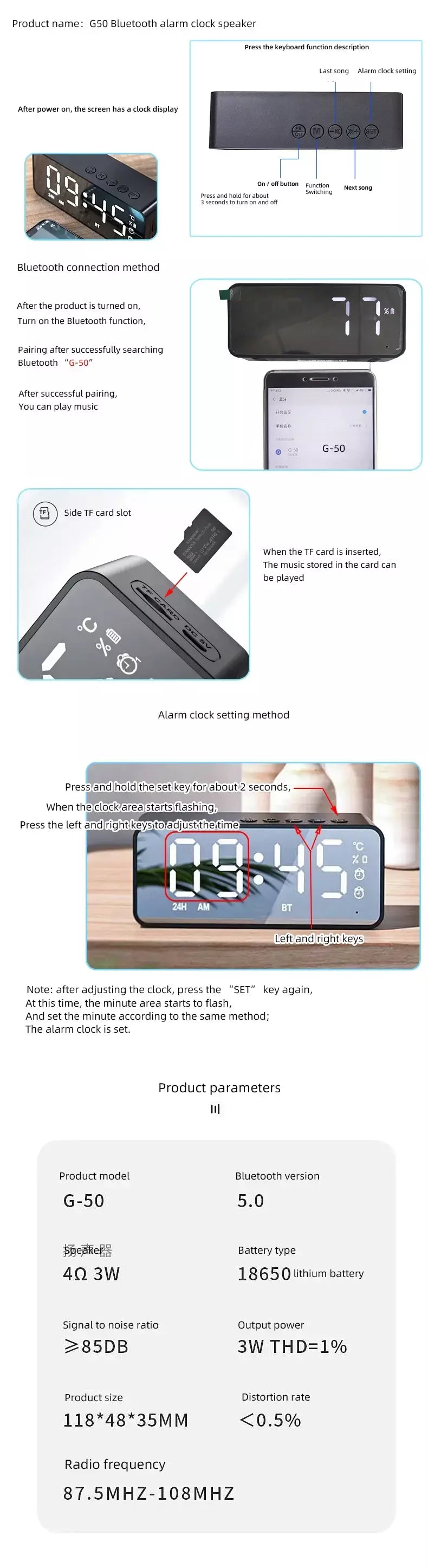 Altifalante Sem Fio Bluetooth Pequeno Mini Despertador Canhão Portátil Mini Voz Transmita o Cartão Insert Veicular Sistema De Áudio W