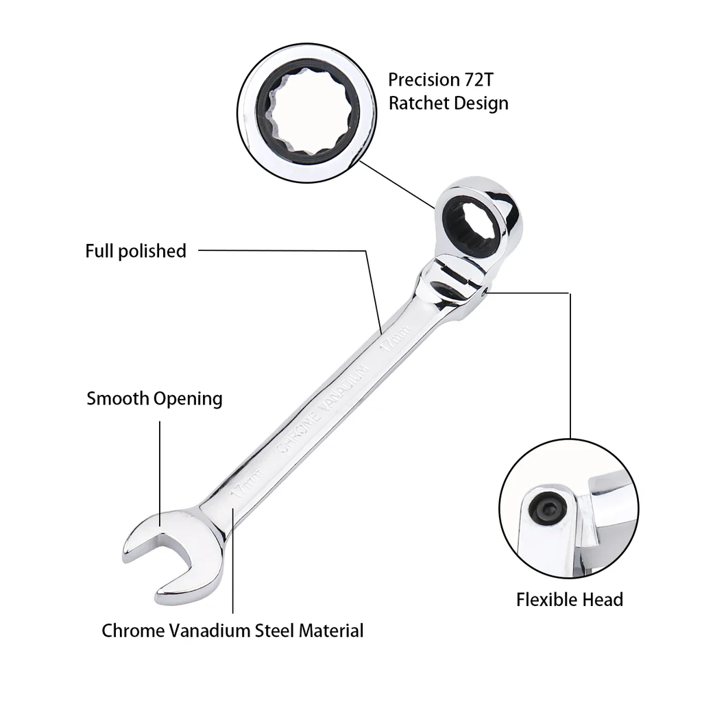 Chave de catraca de chaves, conjunto de ferramentas manuais, catraca de 72 dentes, cabeça flexível, acabamento espelhado, 6mm-27mm, reparo automático e doméstico, 1 peça