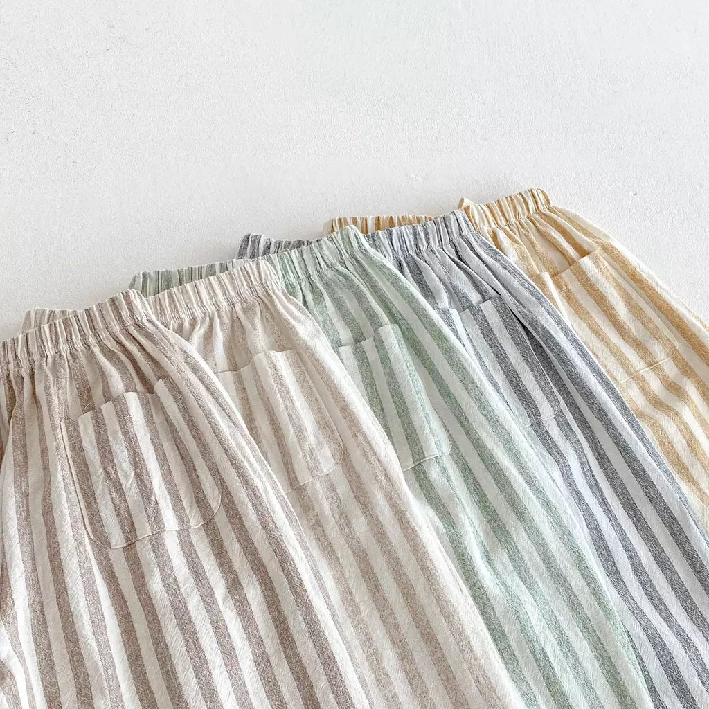 Calças listradas de algodão de linho vintage para meninos casual bolso design elásticos calças de cintura para criança menina roupas crianças