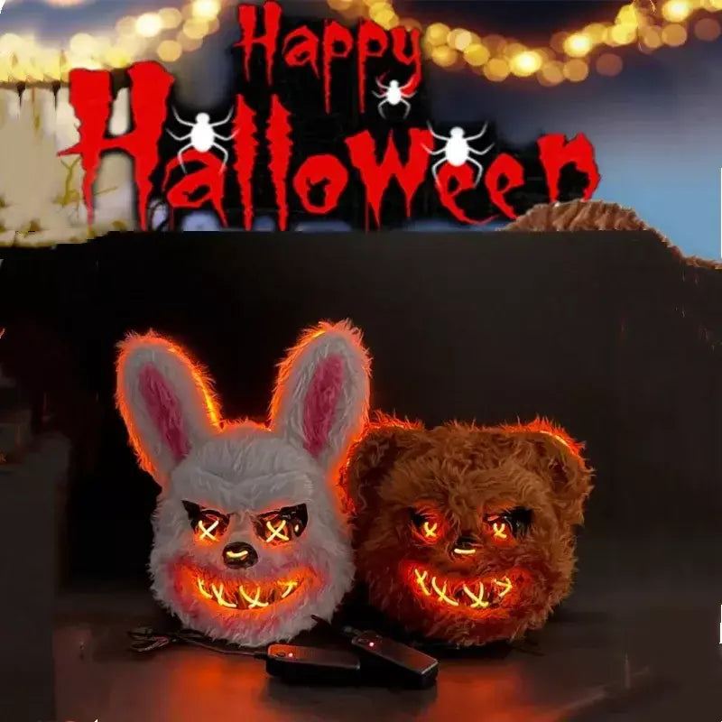 Nova luz led halloween cosplay máscara facial festa mostrar palco maquiagem horror sangrento coelho urso máscara dos desenhos animados carnaval cabeça capa