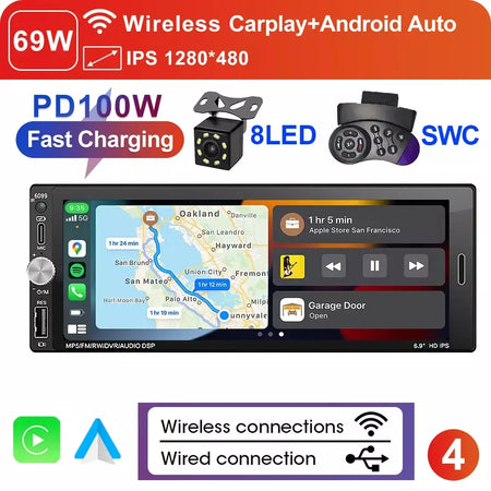 Lehx 6.9 Polegada 1din universal mp5 rádio do carro suporte sem fio carplay android auto aux ips tela de toque reprodutor vídeo multimídia