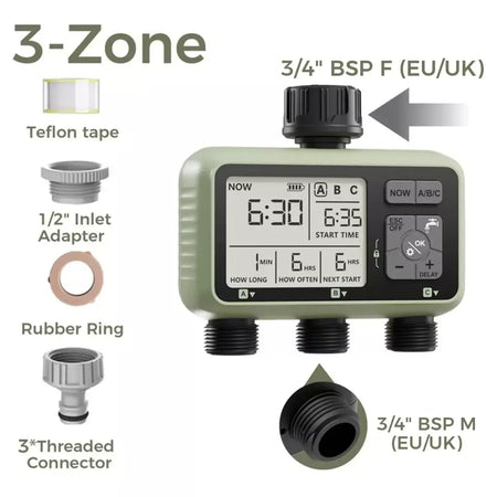 Diivoo temporizador de água para jardim, 3 saídas para mangueira de jardim, temporizador de irrigação automático programável ip54 com atraso de chuva, modo manual/automático