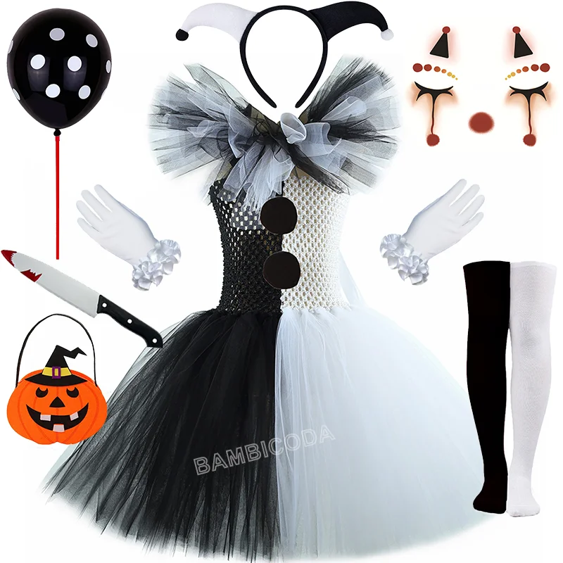O traje de palhaço terrível arte menina preto branco fantasia tutu vestido horror coringa vestido para meninas trajes de festa de carnaval de halloween