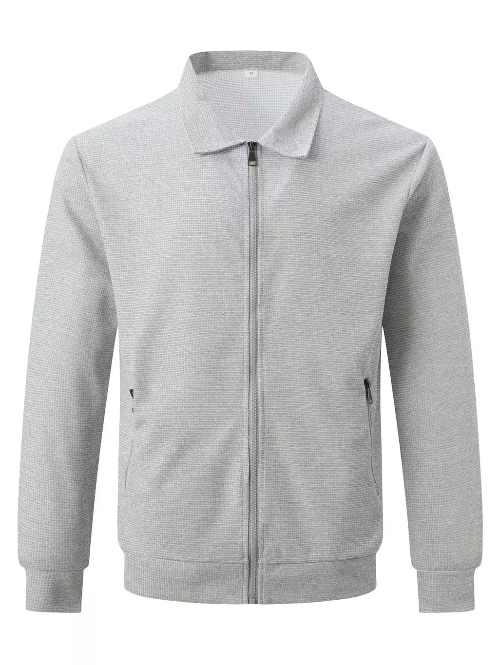 Jaqueta waffle de manga comprida masculina, monocromática, com zíper, bolso, cardigã lapela, gola polo casual, outdoor wear, primavera e outono