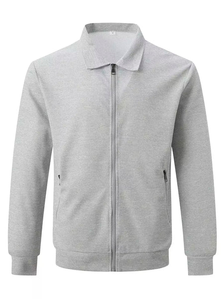 Jaqueta waffle de manga comprida masculina, monocromática, com zíper, bolso, cardigã lapela, gola polo casual, outdoor wear, primavera e outono