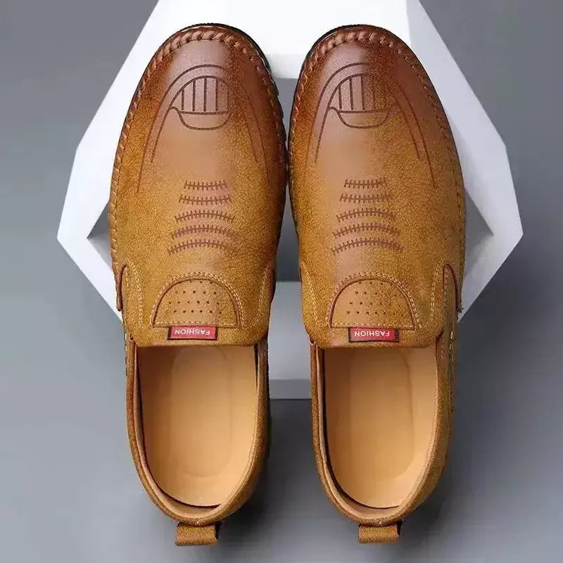 Sapato de couro casual masculino, sola macia, respirável, tendão de vaca, trabalho, dirigindo, feijão, vestido de negócios masculino