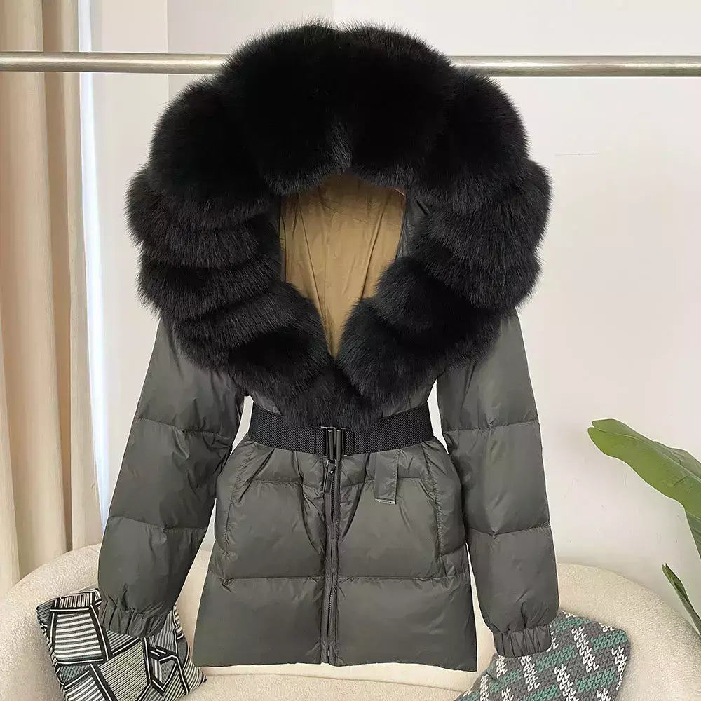 Oftbuy 2024 jaqueta de inverno feminina gola de pele de raposa natural real com capuz grosso quente 90% pato branco para baixo casaco feminino streetwear casual