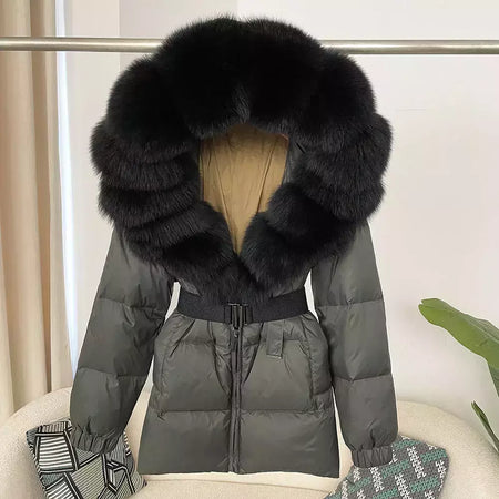 Oftbuy 2024 jaqueta de inverno feminina gola de pele de raposa natural real com capuz grosso quente 90% pato branco para baixo casaco feminino streetwear casual
