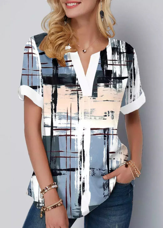 Blusas de manga curta com decote em v para mulheres, camisas casuais estampadas para senhoras, tops chiques básicos, moda verão