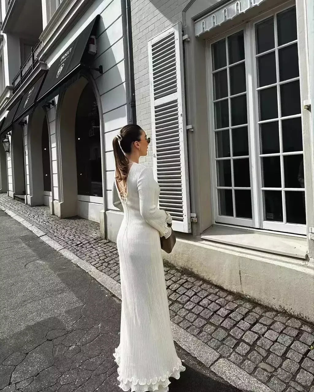 Elegante vestido de malha de manga comprida feminino, gola redonda, vestes finas brancas, vestidos de festa femininos, moda feminina, verão, outono, novo, 2022