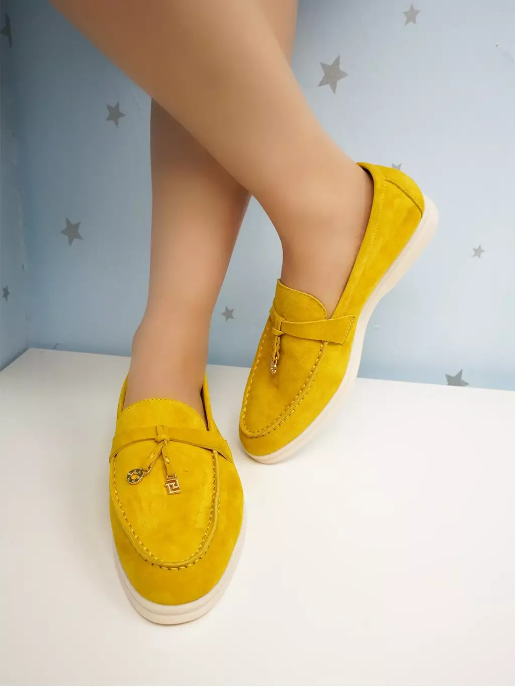 Sapatos de mula de camurça antiderrapante para mulheres, sapatos para dirigir, pingente de metal, marca de luxo, moda casual confortável, Le Fu