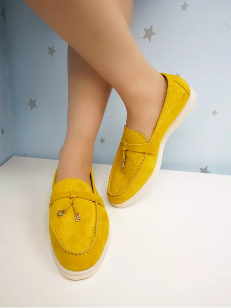 Sapatos de mula de camurça antiderrapante para mulheres, sapatos para dirigir, pingente de metal, marca de luxo, moda casual confortável, Le Fu