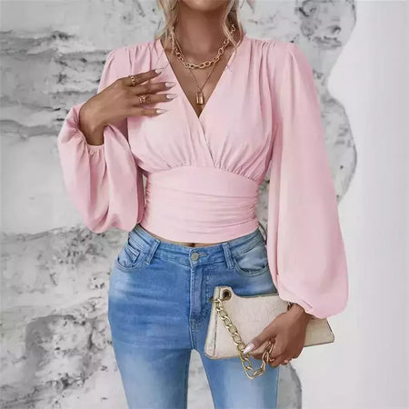 Pulôver feminino com decote V profundo, blusa feminina de manga comprida, tops casuais diários, cintura solta e magro, crossover, primavera, outono