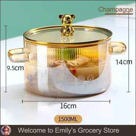 Pote de sopa de orelha dupla engrossado com tampa pote de vidro de alto borosilicato doméstico conveniente sopa macarrão instantâneo panela de leite