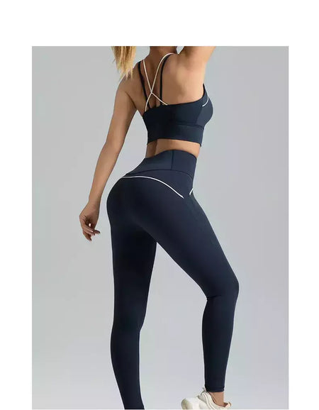 PINGNIAO-Calças e Sutiã Yoga de Cintura Alta para Mulheres, Alça Cruzada, Terno Esportivo, Fitness Wear, Design De Linha