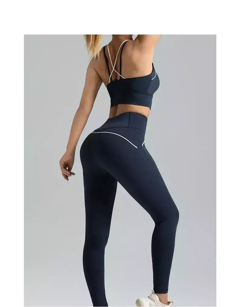 PINGNIAO-Calças e Sutiã Yoga de Cintura Alta para Mulheres, Alça Cruzada, Terno Esportivo, Fitness Wear, Design De Linha