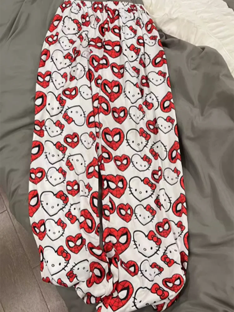 Olá kitty homem-aranha algodão solto senhoras calças de pijama calças de pijama feminino masculino dos desenhos animados sleep bottoms lounge wear menina sono