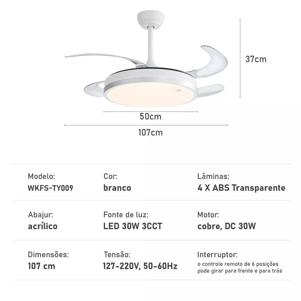 Ventilador de Teto Inteligente com Luz Invisível 3CCT e Controle Remoto - Design Dobrável, 3 Velocidades, Timer e App Tuya