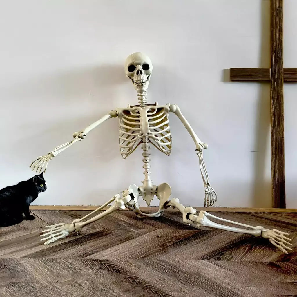 Esqueleto de halloween em tamanho real, esqueleto humano com articulações posáveis, resistente às intempéries, decoração de jardim, adereços fotográficos assustadores para feriados