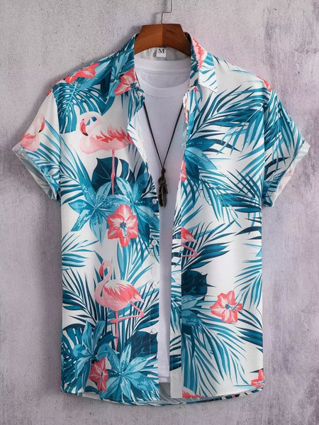 Camisa de lapela masculina de manga curta, estilo havaiano, padrão tropical de coqueiro, tops grandes, férias de verão