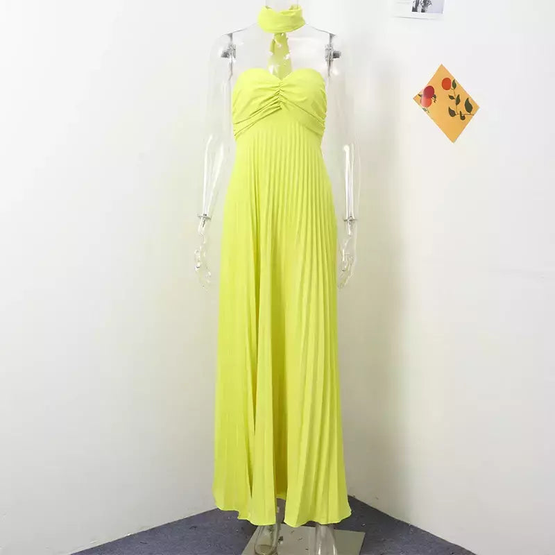 Vestido longo plissado sem alças feminino, Elegante, Sem alças, Fita, Plissado, Sexy, Sem mangas, Sem encosto, Lady, Festa à noite, Novo, Verão, 2022