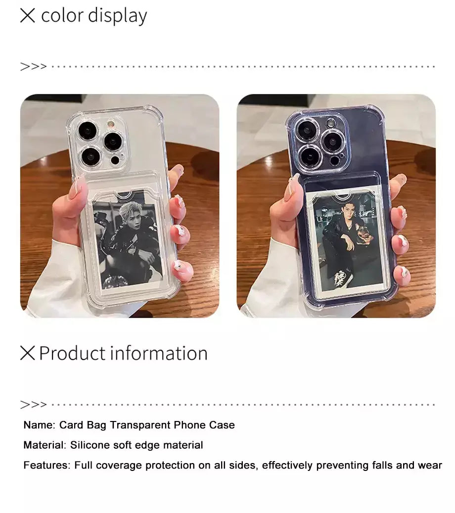 Bolsa de slot para cartão transparente para iPhone, carteira clara, à prova de choque, capa macia, iPhone 16, 15, 14, 13, 12, 11 Pro Max, Mini, X, XR, 7, 8 Mais