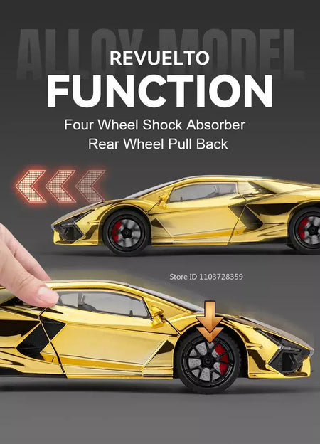1:24 escala revuelto modelo em miniatura brinquedo carros esportivos liga diecast supercars som luz portas abertas puxar para trás para crianças presentes