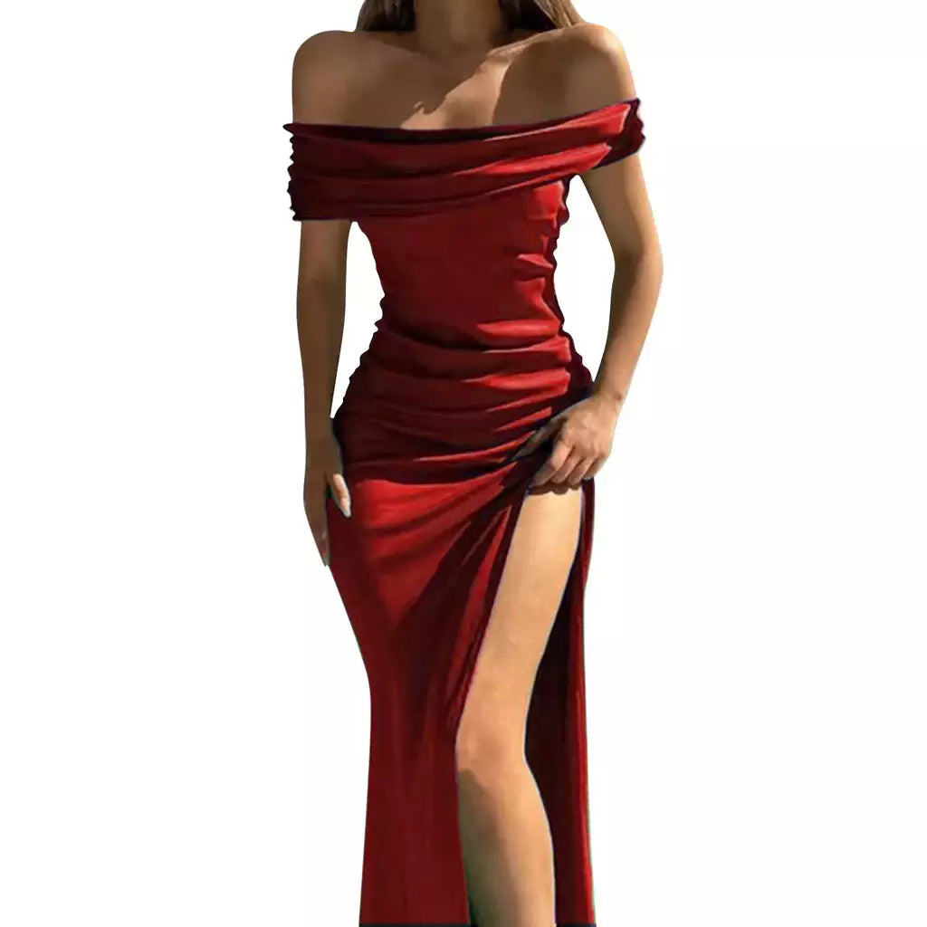 Elegante vestido de noite feminino, Monocromático, Ombro Fora, Sexy, Divisão para o Lado Alto, Luxo, Formal, Sexy, senhoras, Festa, Noite