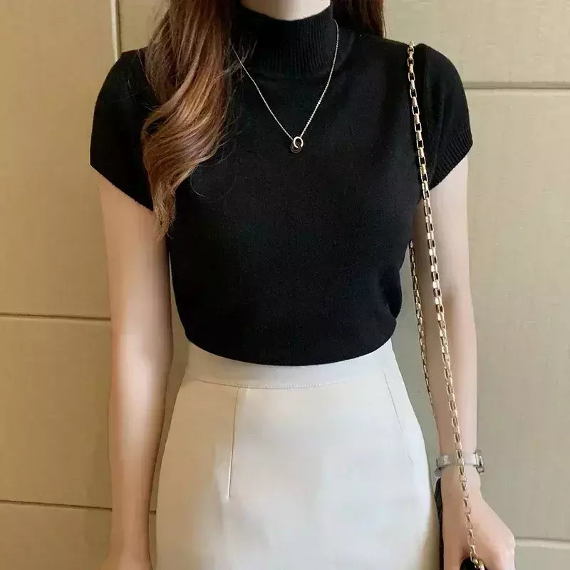 Mulheres topos e blusas verão manga curta blusa feminina blusas mujer de moda 2024 gola alta blusa de malha camisa topos c931