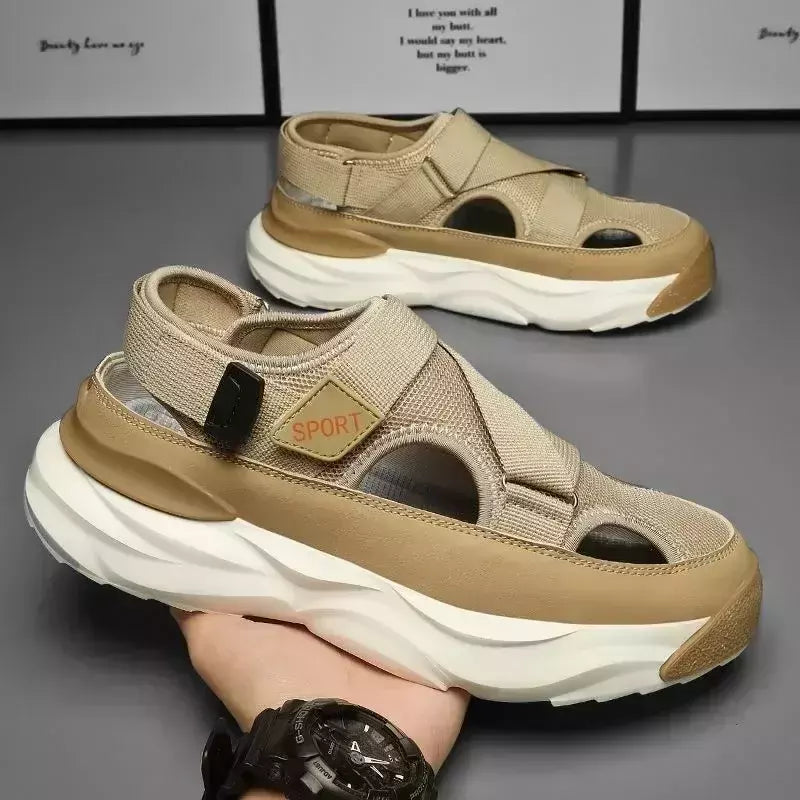 Sandálias de plataforma antiderrapante respiráveis masculinas, sapatos casuais ao ar livre, sandálias de praia, estilista masculino, novo, 2024
