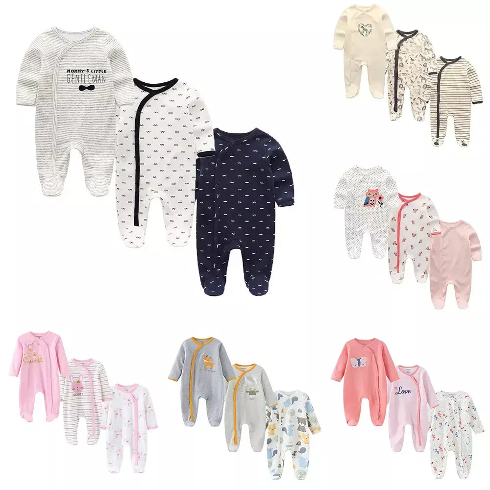 Kiddiezoom 3 pçs/lote outono inverno unisex dos desenhos animados manga longa bebê menino menina macacão 100% algodão macio recém-nascido macacões roupas