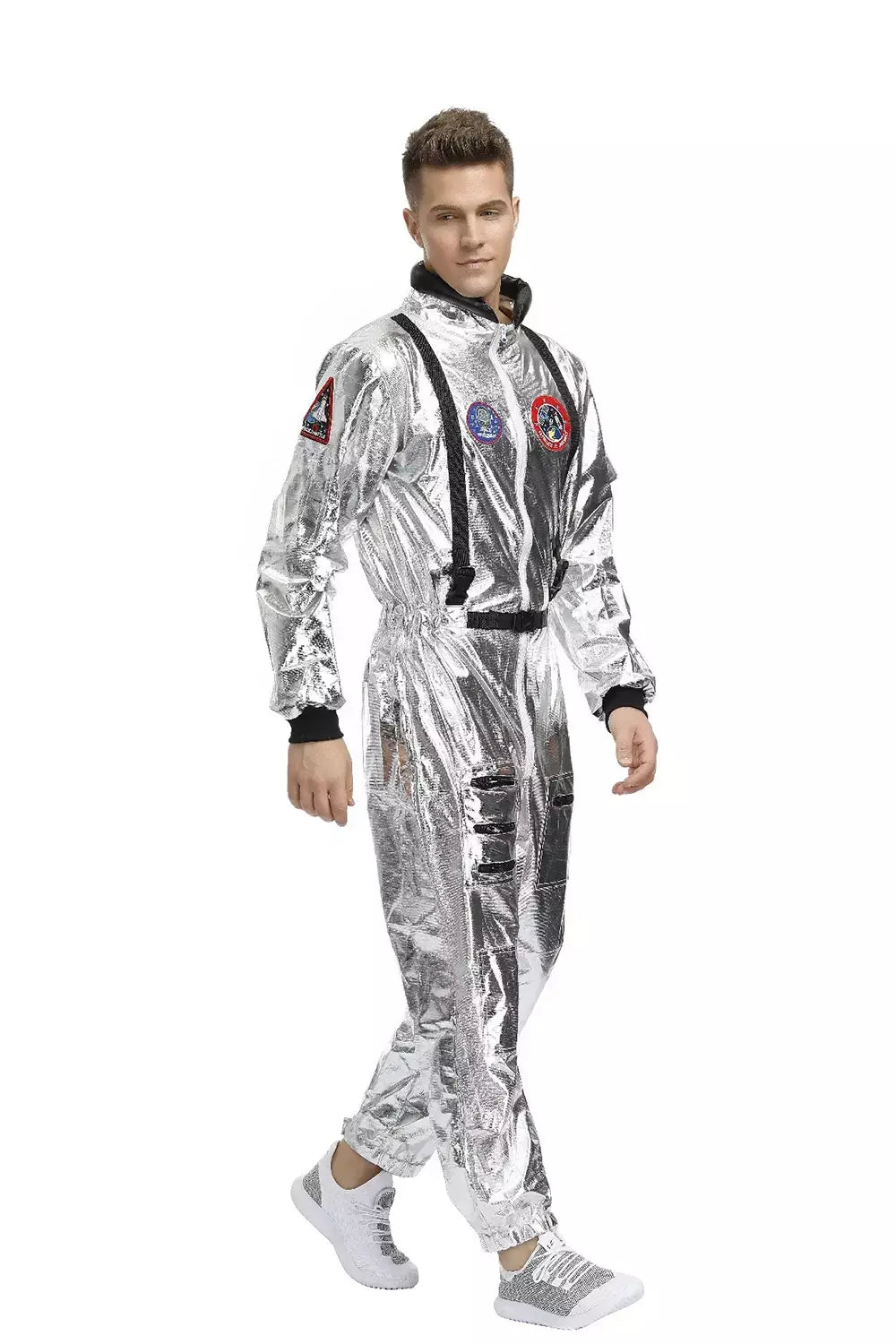 Adulto prata astronauta traje das mulheres dos homens spaceman terno espaço macacão halloween cosplay festa vestir-se