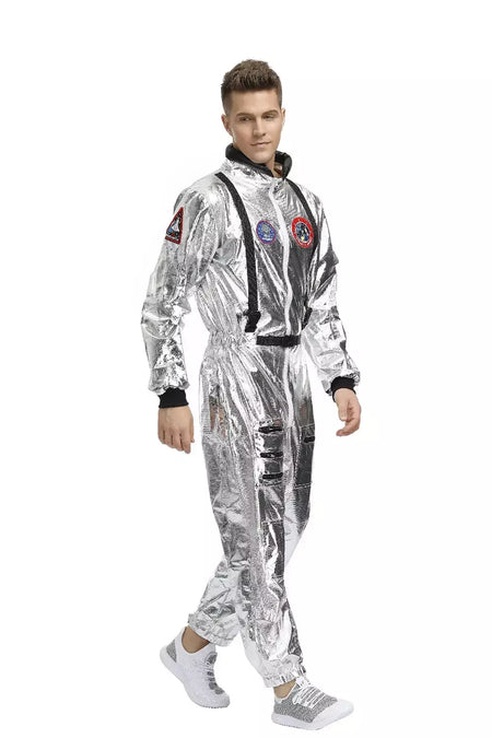 Adulto prata astronauta traje das mulheres dos homens spaceman terno espaço macacão halloween cosplay festa vestir-se
