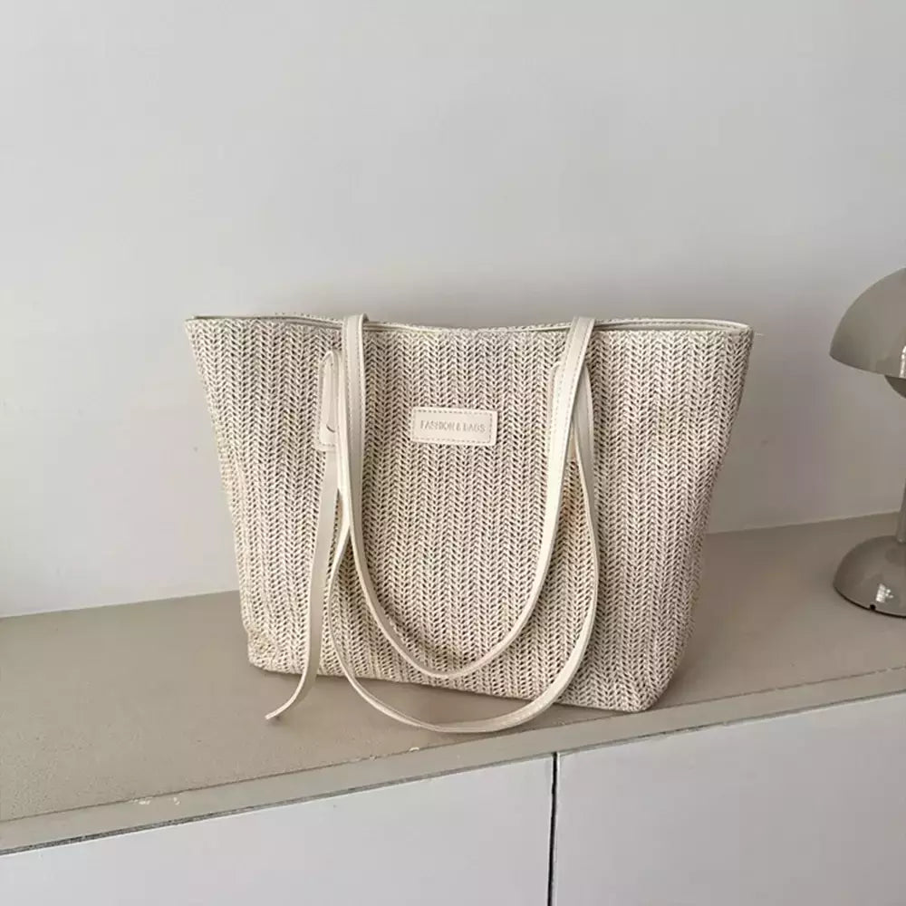Sacola tecida estilo minimalista para mulheres, grande capacidade, bolsa de praia casual, tecido grama, bolsa de ombro, verão, 1 pc