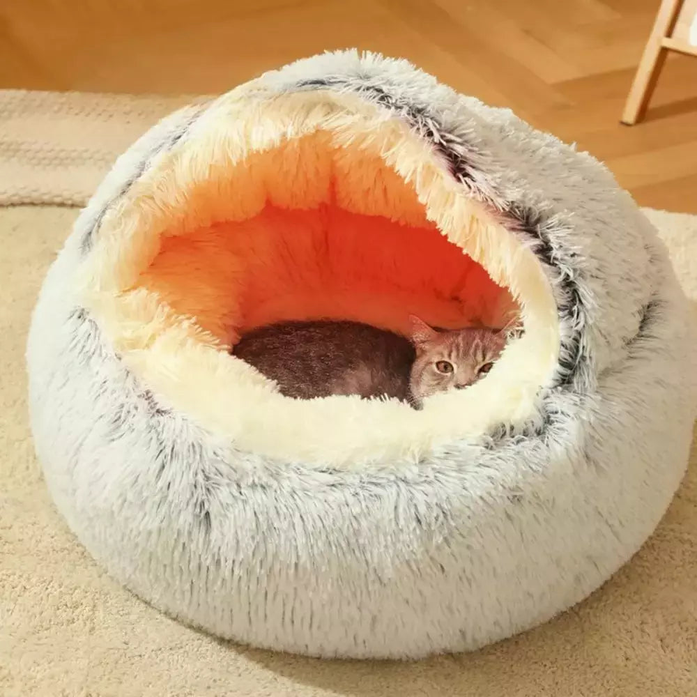 Almofada redonda para gatos, sacos de dormir semi fechados para animais de estimação, pelúcia longa e macia 2 em 1, camas quentes para gatos, conforto simples, ninho de dormir quente para cachorros