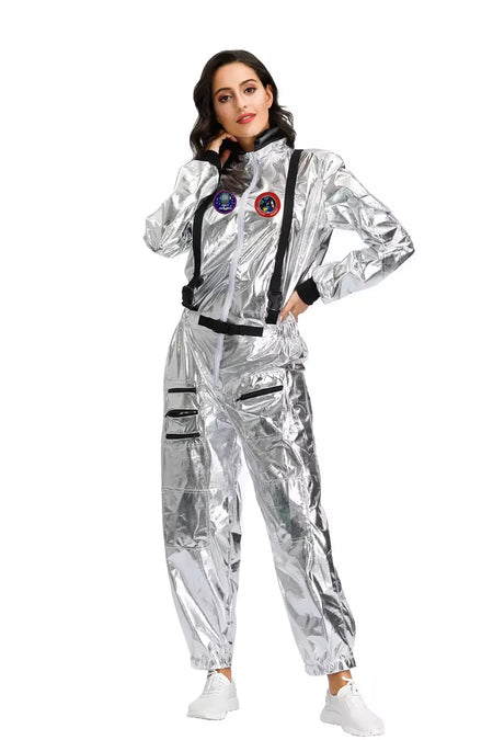 Adulto prata astronauta traje das mulheres dos homens spaceman terno espaço macacão halloween cosplay festa vestir-se