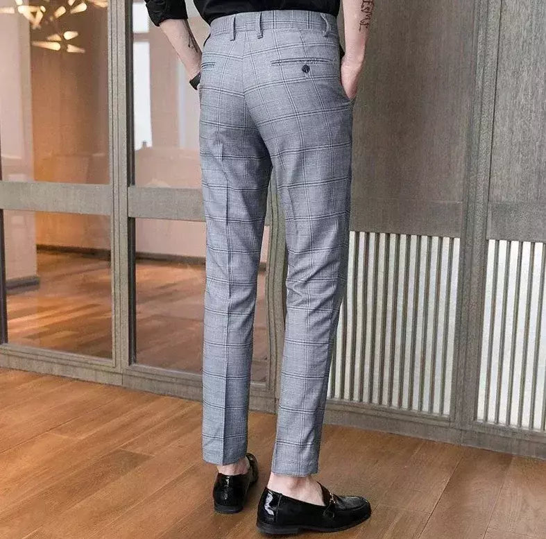 Xadrez masculino anti-rugas calças cortadas, roupas de grife casual, terno masculino reto, verão, fino, barato, designer, cheque, 9